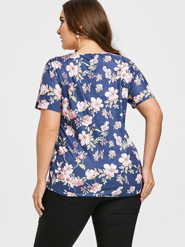 Casual Short Sleeve Print V neck Plus Size Tops