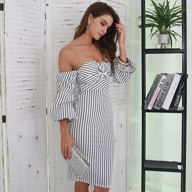 Sexy Off Shoulder Low-cut Backless Striped Casual Tight Dress