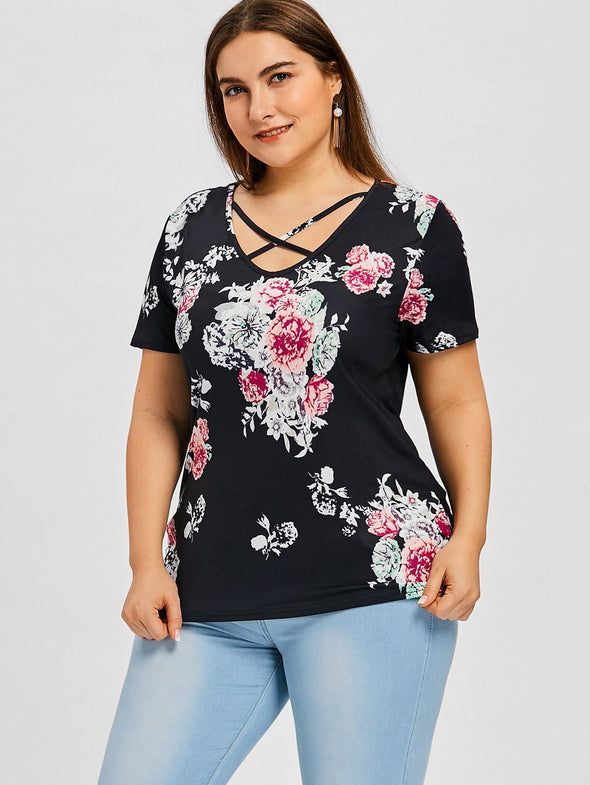 Casual Print Short Sleeve V neck Plus Size Tops