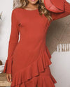 Fashion Slim Solid Color Flare Long Sleeve  Dress