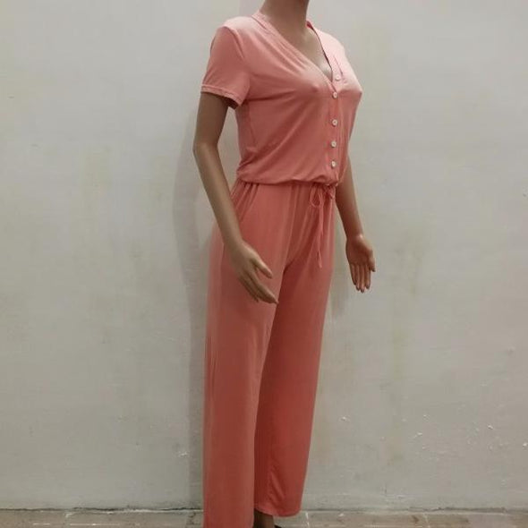 Casual Solid Color Short Sleeve V-neck Jumpsuits