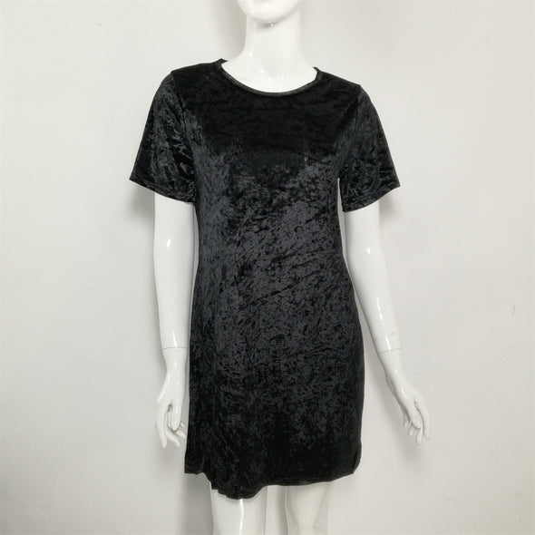 Fashion Solid O-Neck Stitching Velvet Shift Dress