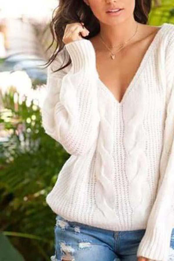 Twisted V-Neck Sweater Pullover Sweater