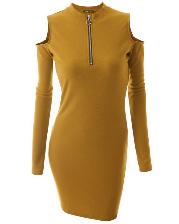 Solid Color Long-Sleeved Off-Shoulder Zip-Knit Dress