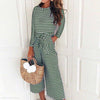 Round Neck Long Sleeve Stripes Lace Up Jumpsuits