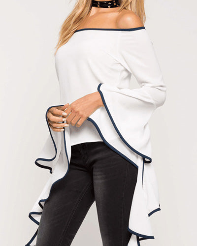 Solid Color Off-The-Shoulder Trumpet Sleeve T-Shirt