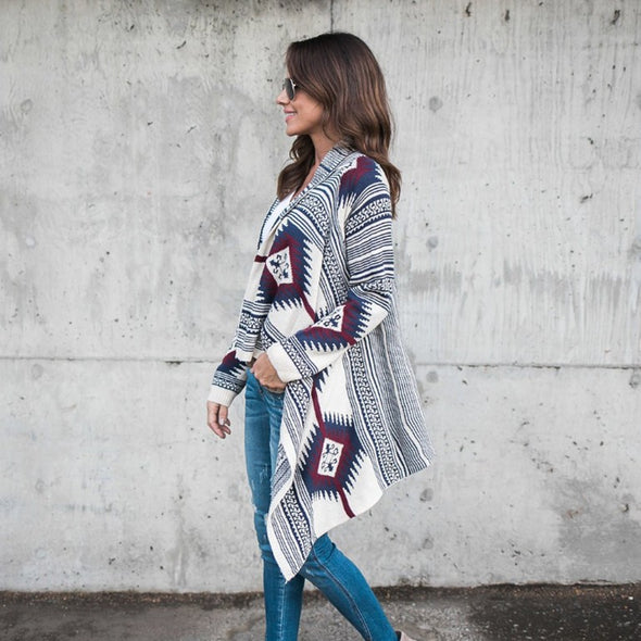 Irregular Long Sleeve Printed Knit Cardigan