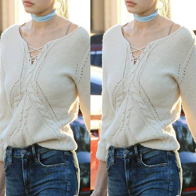 V-Neck Lace-Up Long Sleeve Sweater