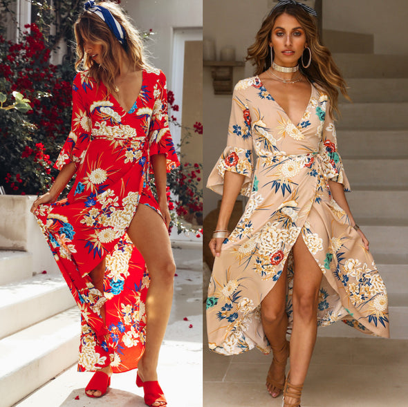 Casual Printed Deep V-Neck Flare sleeve Bohemian Maxi Dress