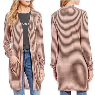 Long Sleeve Striped Double Side Pocket Cardigan Coat