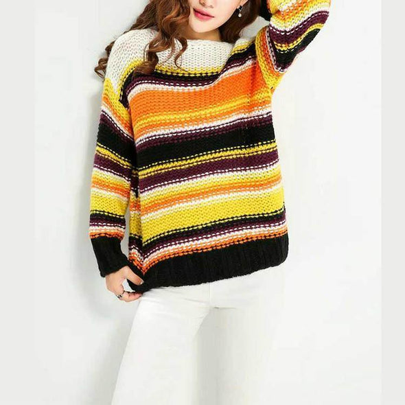 Round Collar Rainbow Stripes Knitting Sweater