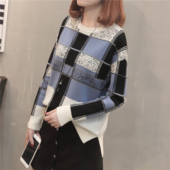 Plaid Color Long Sleeve O-Neck Sweater