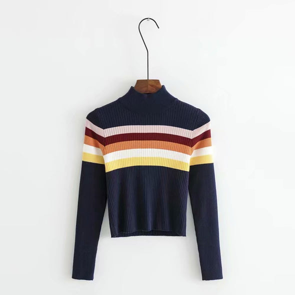 Casual Stripe Stitching Stand Collar Knitting Sweater