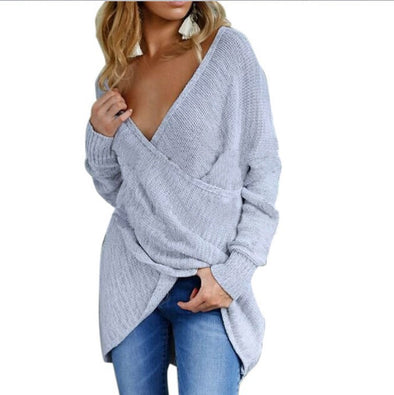 Solid Color Long Sleeve V-Neck Crossover Sweater