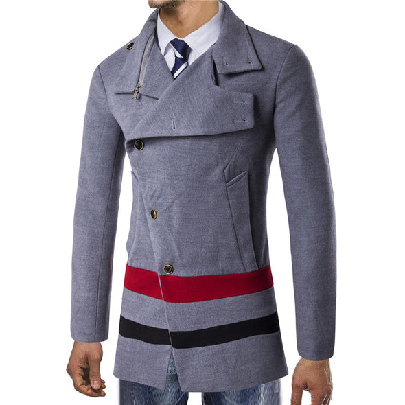 Men's Casual Diagonal Buckle High-Collar Woolen Coat