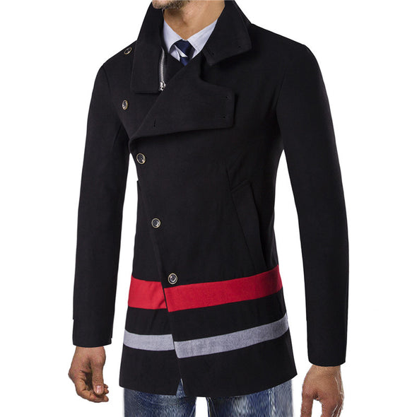 Men's Casual Diagonal Buckle High-Collar Woolen Coat