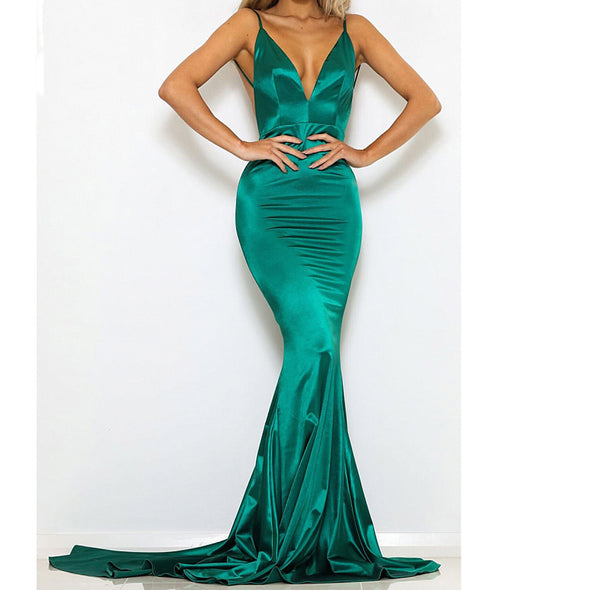 Sexy Backless Pleated  V-neck Sling Evening Dress