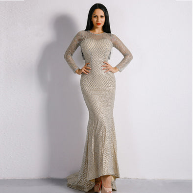 Sexy O-neck long sleeve mesh openwork slim evening dress