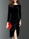 O-Neck Slit Plain Velvet Bodycon Dress