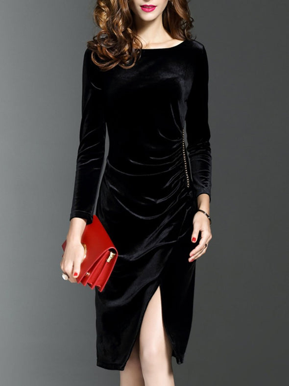 O-Neck Slit Plain Velvet Bodycon Dress