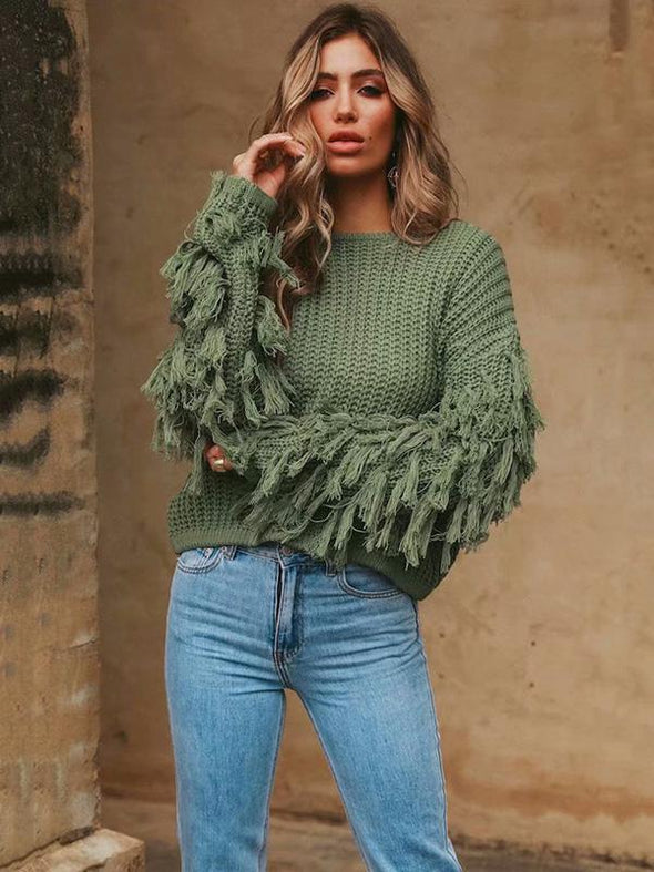 Round-neck Long Sleeves Tasseles Sweater Tops