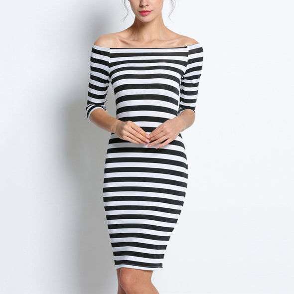 Cutaway Collar Strapless Striped Package Hip Bodycon Dress