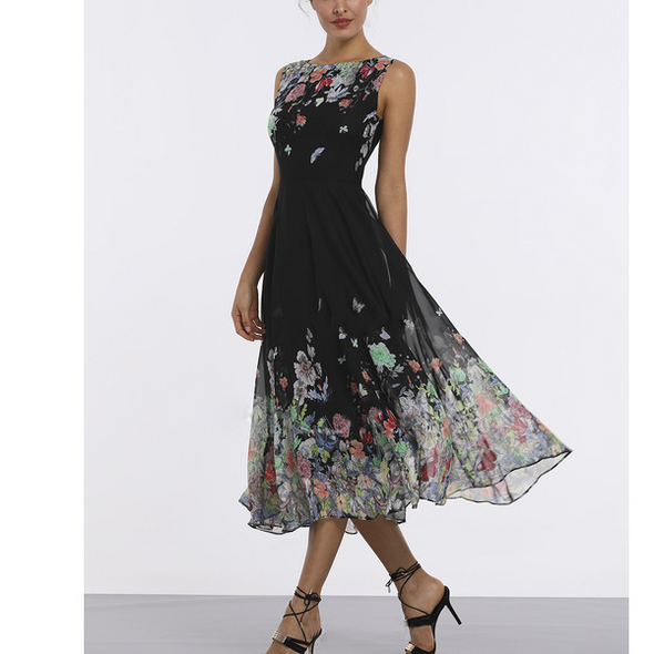 Print Round Neck Sleeveless Evening Dress