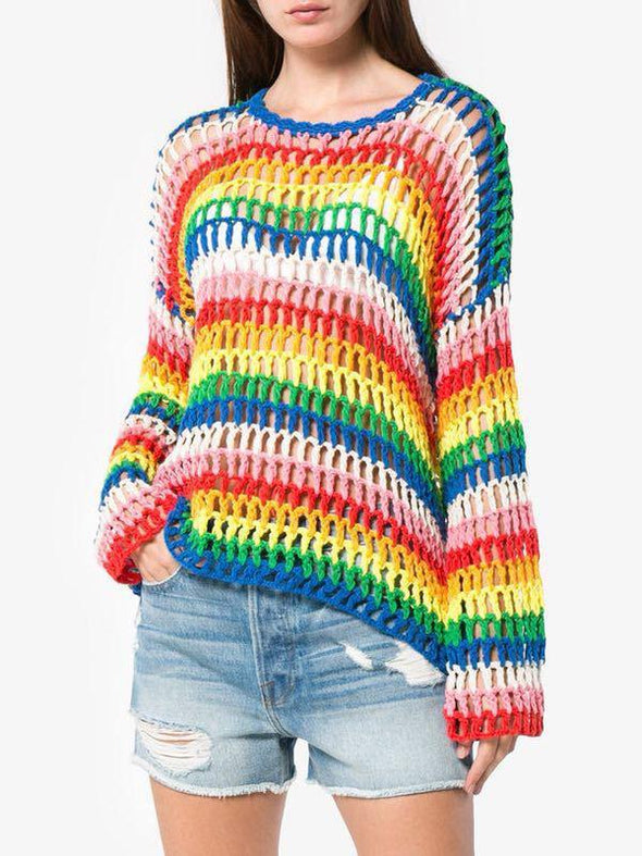 Rainbow Hollow Knitting Loose Sweater