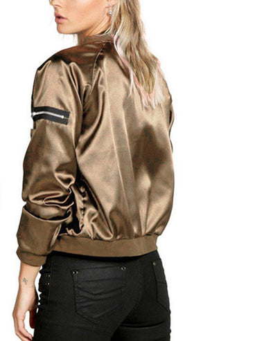 Solid Color Long Sleeve O-Neck Zip Short Jacket