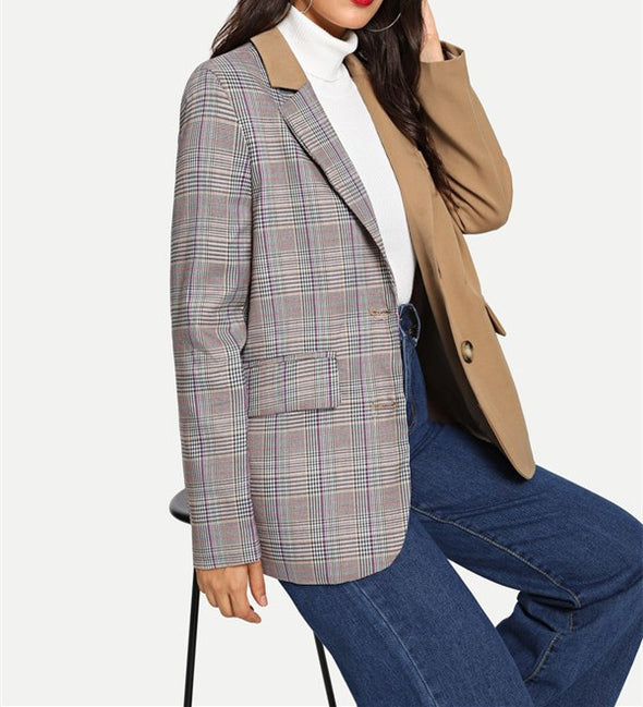 New Colorblock Plaid Single-Breasted Jacket