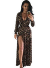 New sexy leopard V-neck long-sleeved split maxi dress