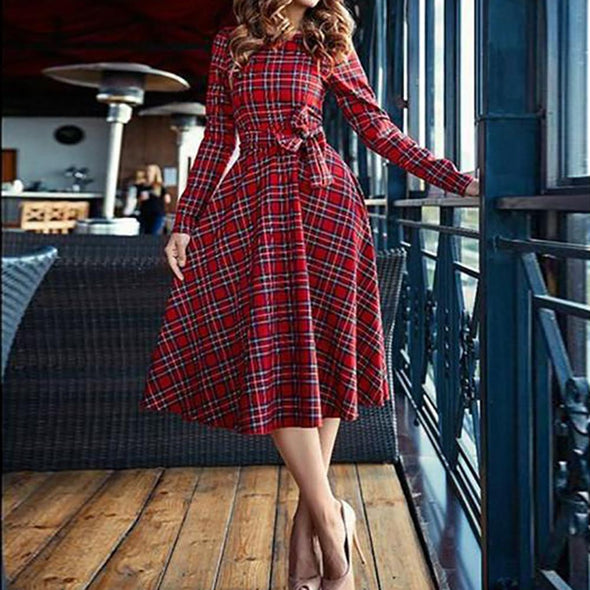 Long-Sleeved Red Plaid Slim Skater Dress