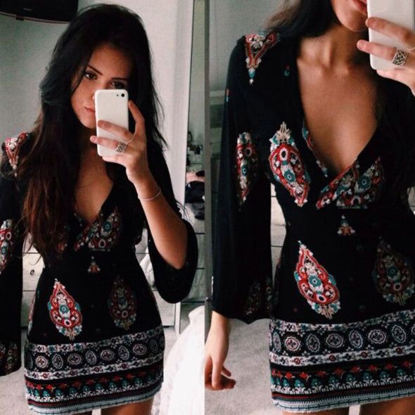 Flared Sleeve Printed V-Neck Dress