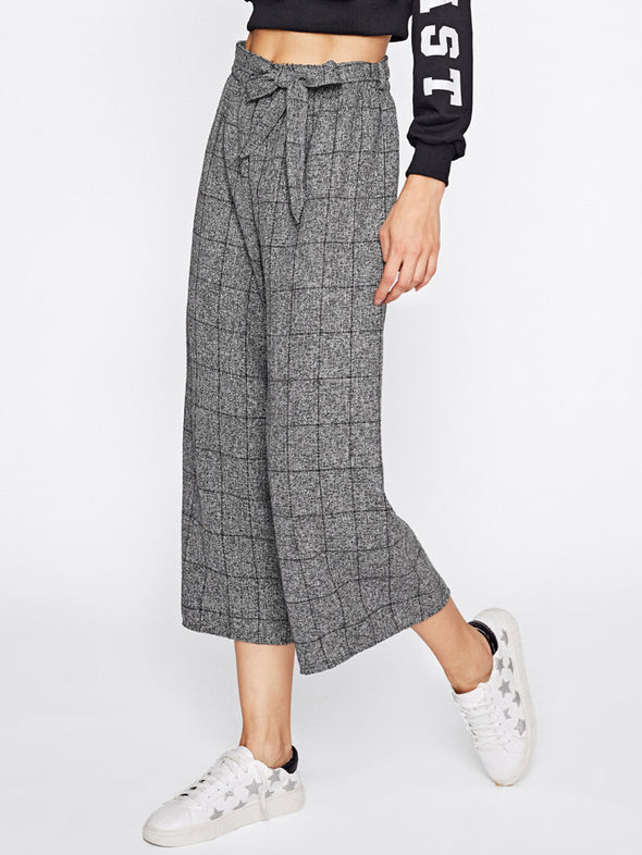 New casual plaid bow Ankle-Length Pants wide leg pants