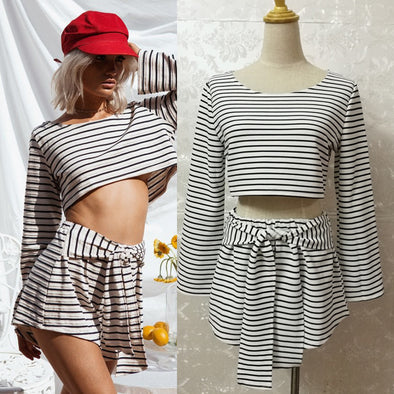 Women's Sexy Striped T-Shirt Shorts Fashion Two-Piece Set