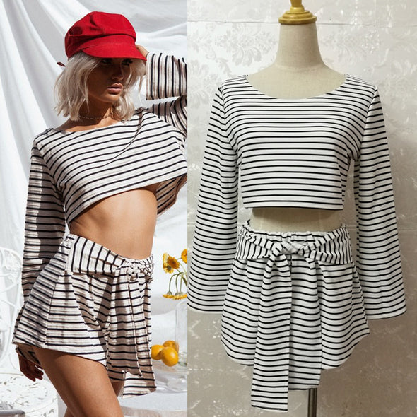 Women's Sexy Striped T-Shirt Shorts Fashion Two-Piece Set