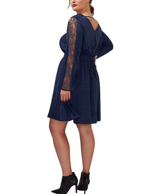 V-Neck Long-Sleeved Lace Stitching Solid Color Dress