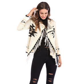 New geometric pattern fringed shawl coat colorblock long sleeve knit cardigan