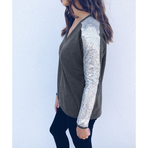 Sexy V-Neck Sequin Stitching Sweatshirt