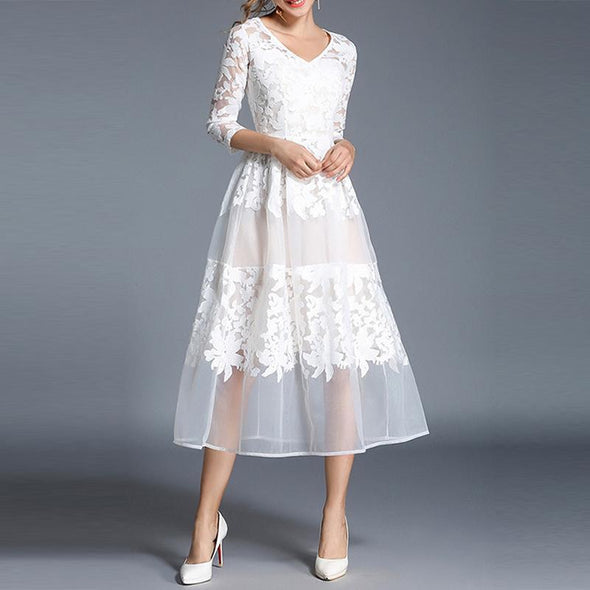 White V-Neck Lace Embroidery Party Dress