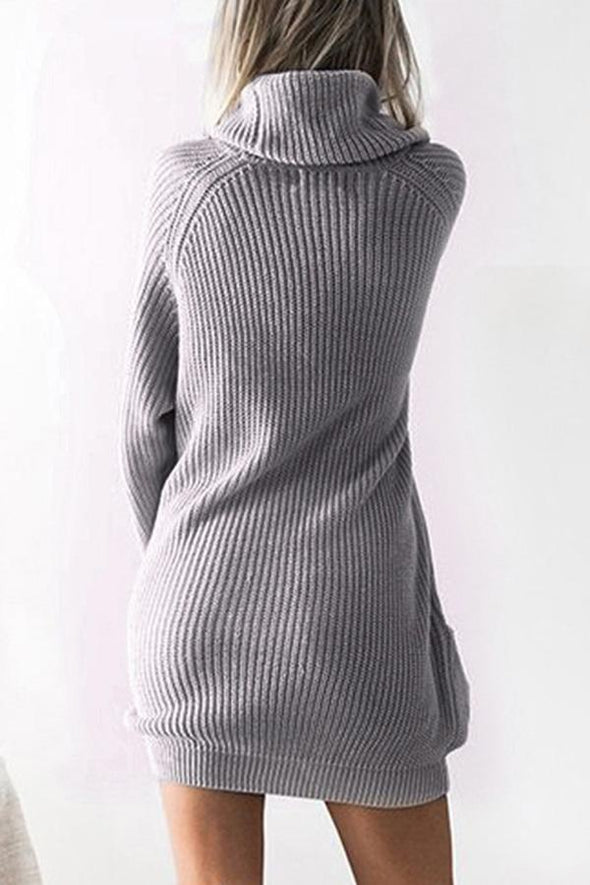 Fashion High Collar Long Sleeves Sweater Mini Dress