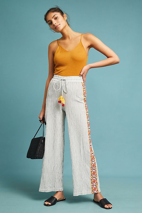 New Ribbon embossed elastic waist wide leg pants