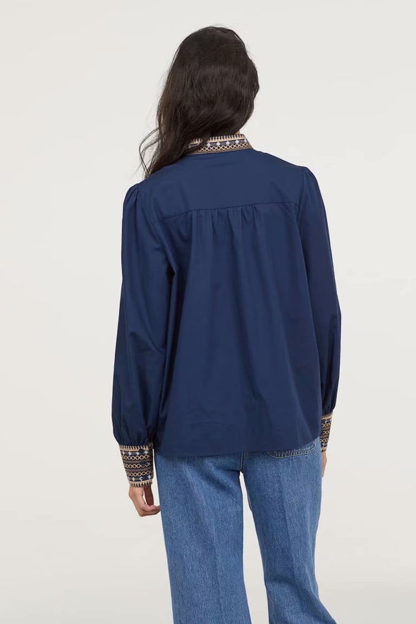 Women's Embroidered Stand-Up Collar Bubble Long-Sleeved Shirt