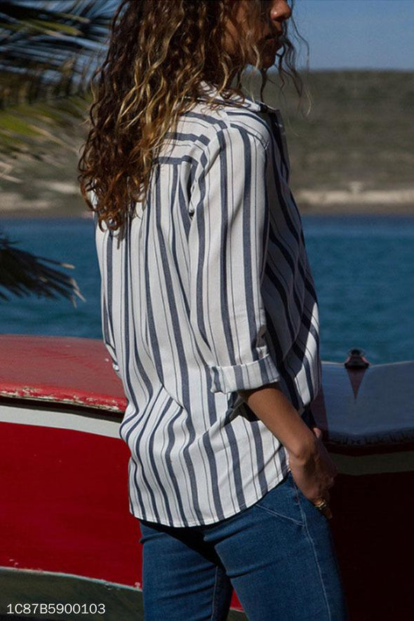 Turn Down Collar  Asymmetric Hem Single Breasted  Striped  Blouses