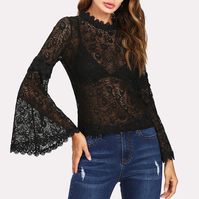 Sexy Lace Perspective Long Sleeve Blouse