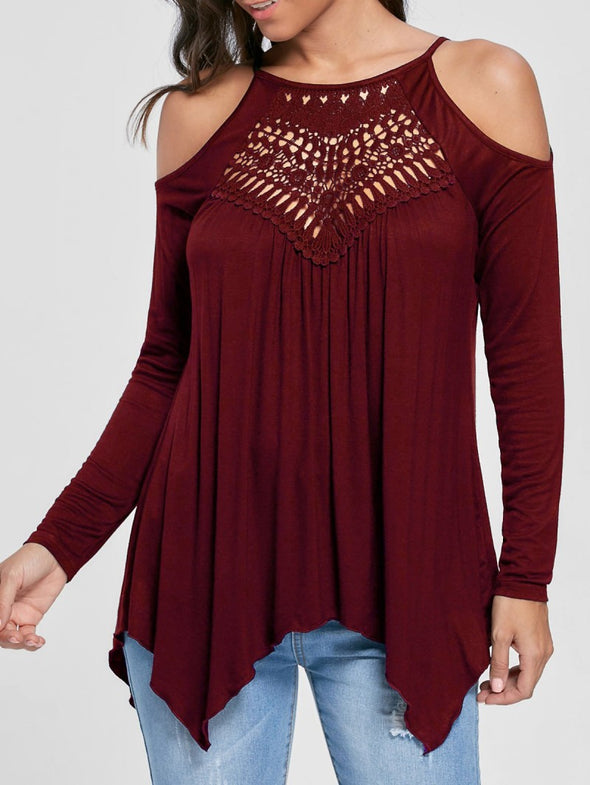 Lace Panel Strapless Long Sleeve T-Shirt