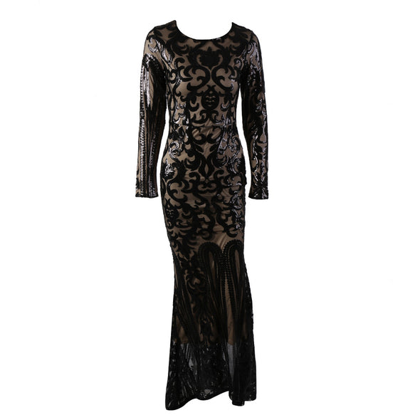 Sexy O-neck Long Sleeve Vintage Sequin Evening Dress