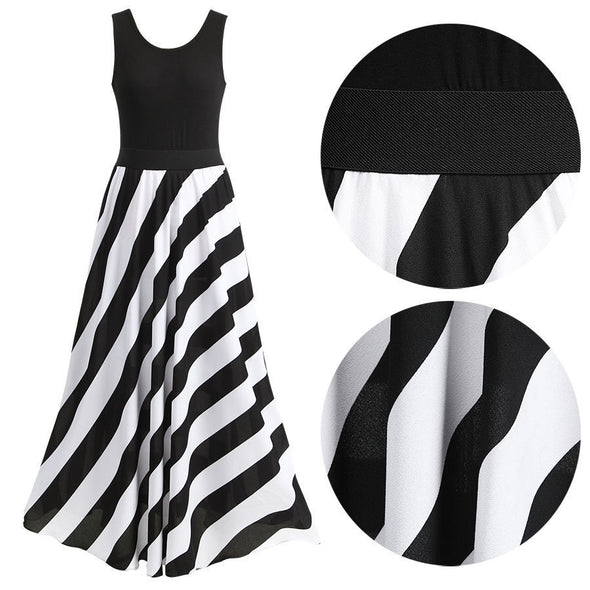 Striped Split Joint Sleeveless Evening Dress