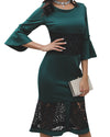 Lace Stitching Trumpet Sleeve Fishtail Evening Dress