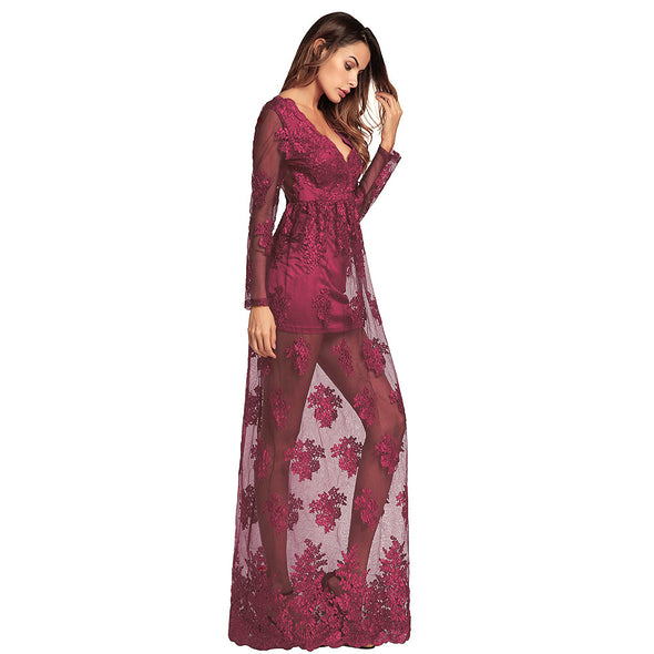 New V-neck Long Sleeve Mesh Embroidered Perspective Evening Dress